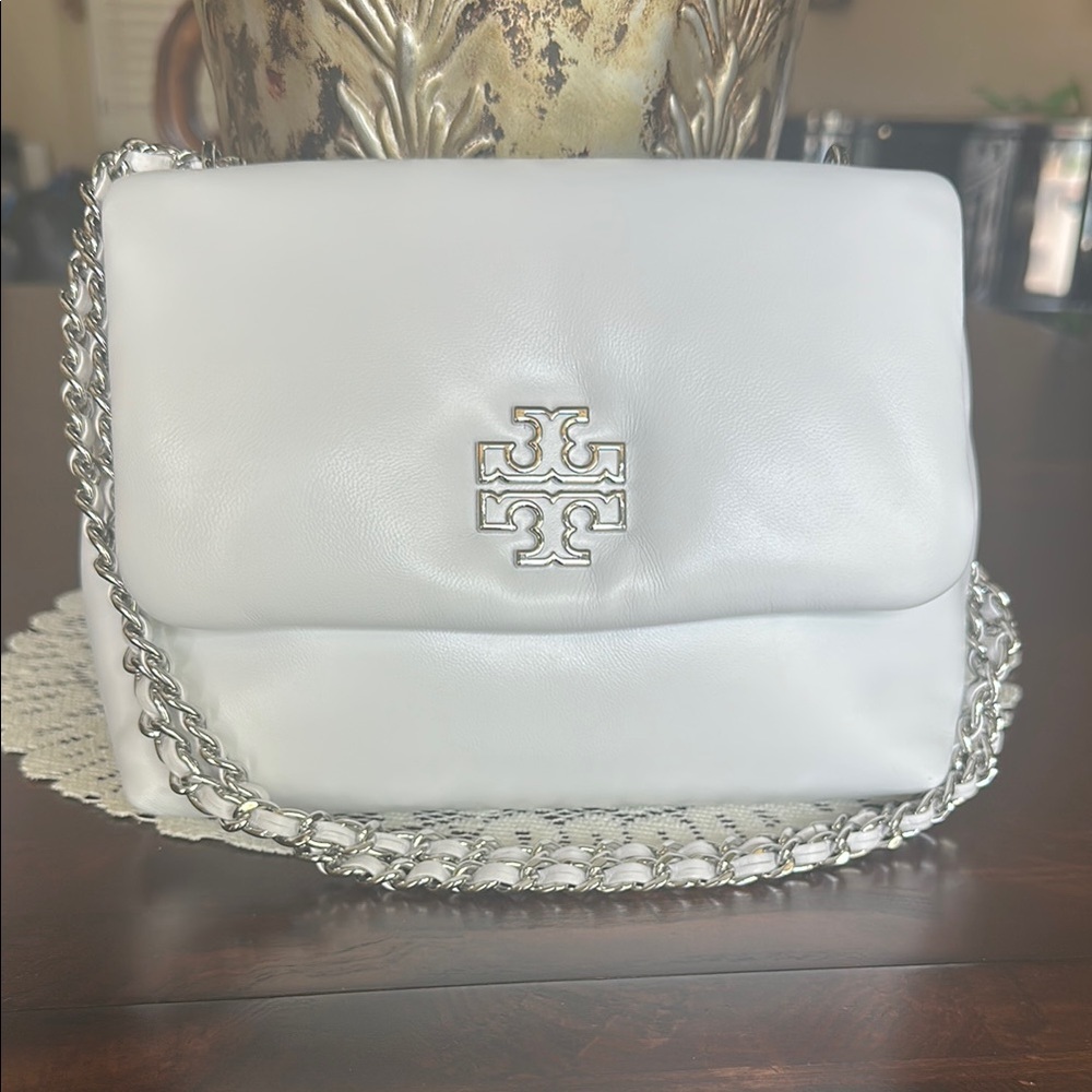 Tory Burch Britten Leather Puffy Small Adjustable Optic White Shoulder Bag NEW